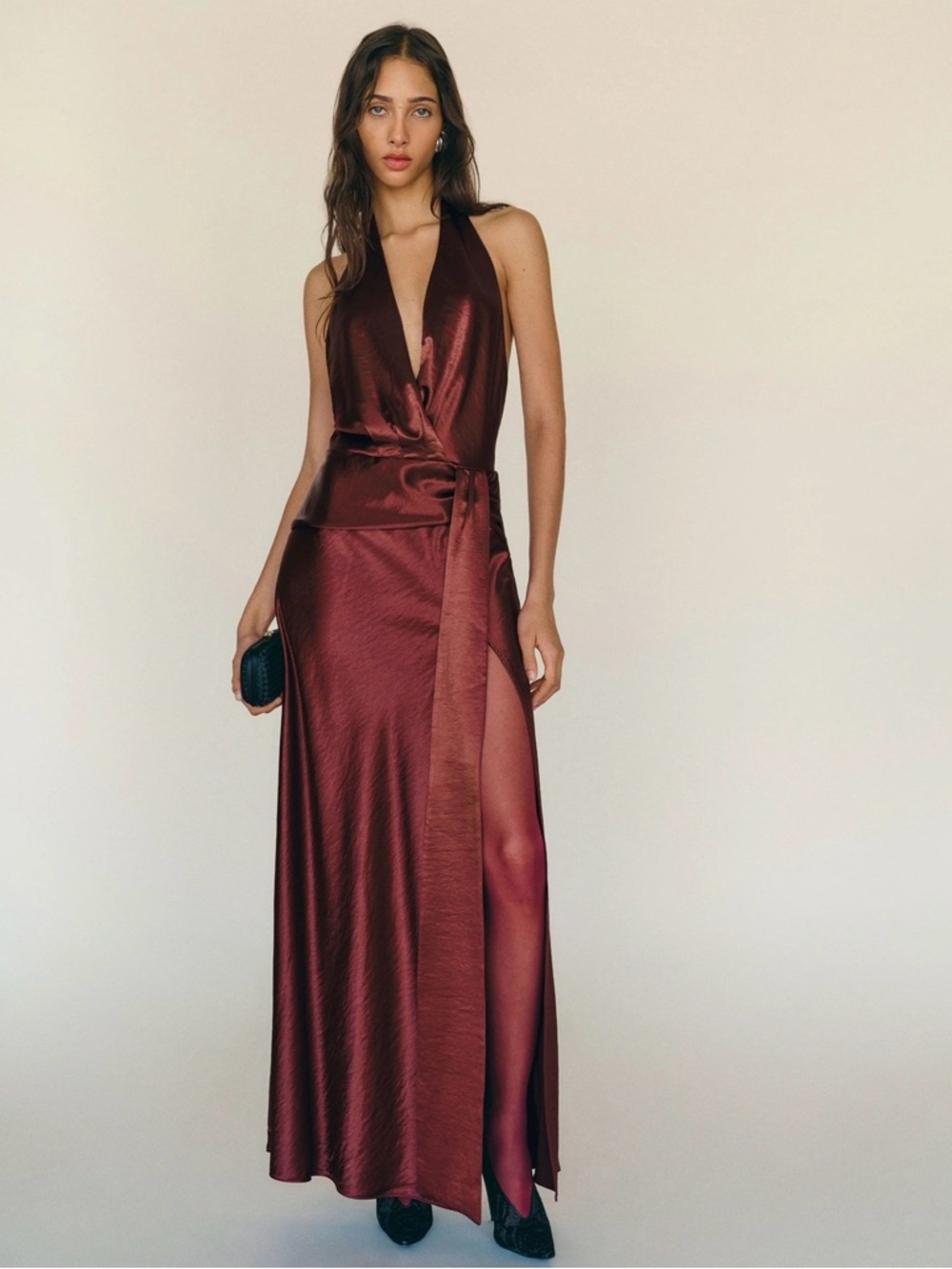 Reformation Satin Halter Wrap Maxi Dress in Burgundy